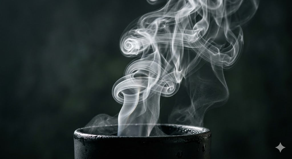 White smoke rising from a dark container against a black background