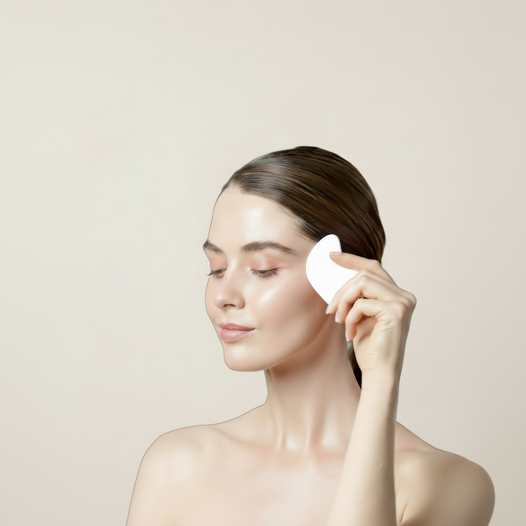 Woman using a white ceramic facial cleansing pad on a beige background with text about the product.