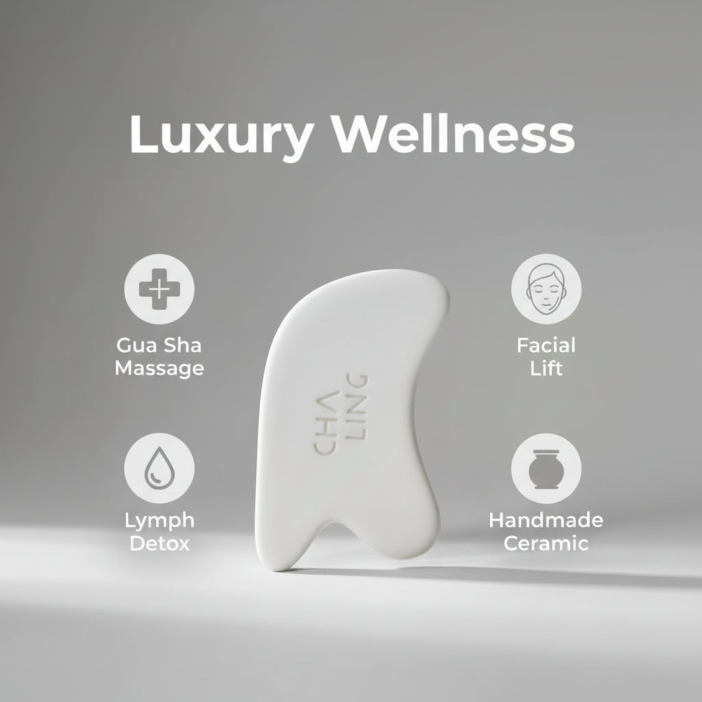 Ceramic tool for wellness with 'Luxury Wellness' text and features on a beige background
