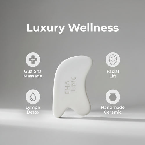 Ceramic tool for wellness with 'Luxury Wellness' text and features on a beige background