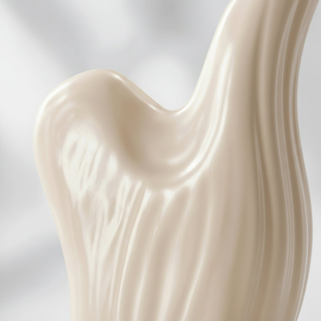 Ceramic sculpture with 'Ceramic Elegance' text and descriptors on a light background