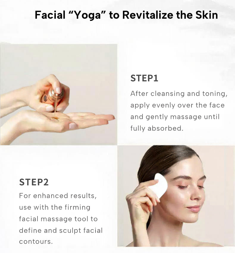 Instructions for using a facial product with text and images of hands and a woman applying it.